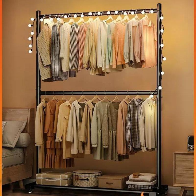 双层晾衣架落地式卧室内家用挂衣架立式晒衣架收纳简易衣帽架子