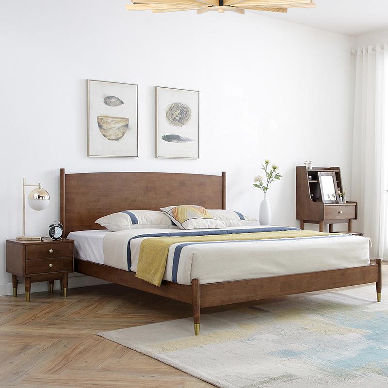 时尚1.5米/1.8米金属脚硬靠北欧实木床橡胶木主卧双人床卧室家具