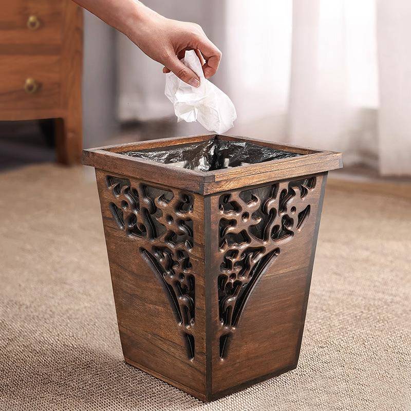 泰国实木垃圾桶轻奢创意复古新中式卧室厨房家用客厅垃圾篓木质