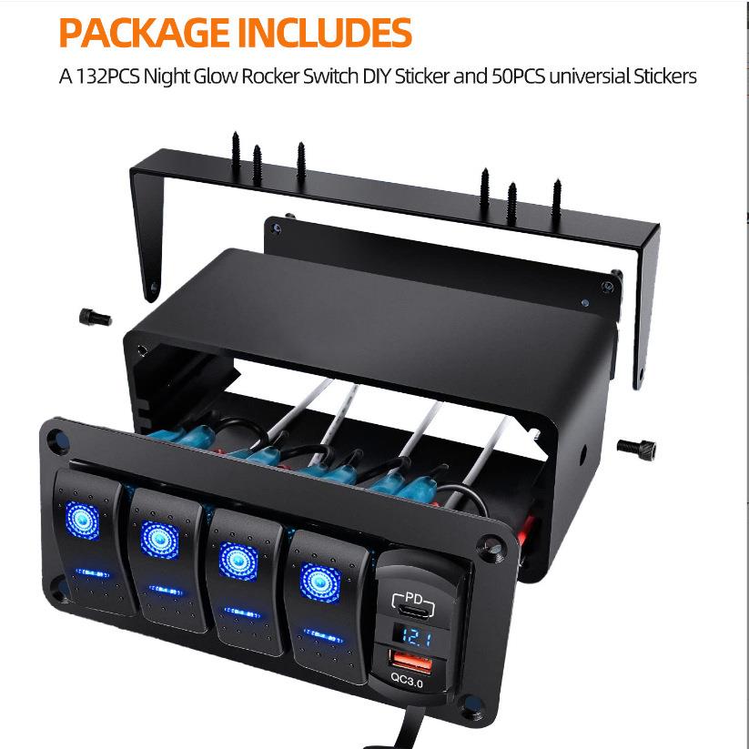 游艇改装房汽车通用5位开关盒组合面板配双中控外置车载12-24Vusb