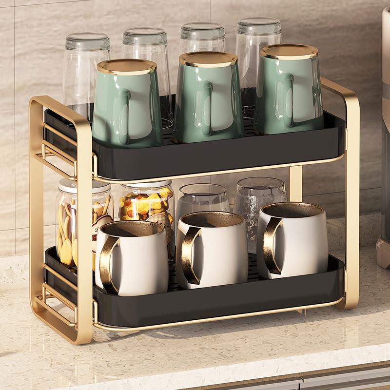 厨房收纳落地置物架放茶杯架家用沥水双层托盘架子桌面装玻璃杯架