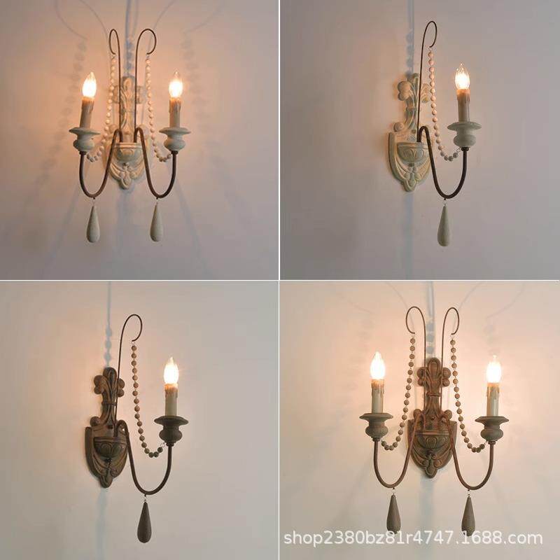 美式乡村木艺灯具客厅墙灯走廊怀旧法式样板房双头蜡烛壁灯led灯