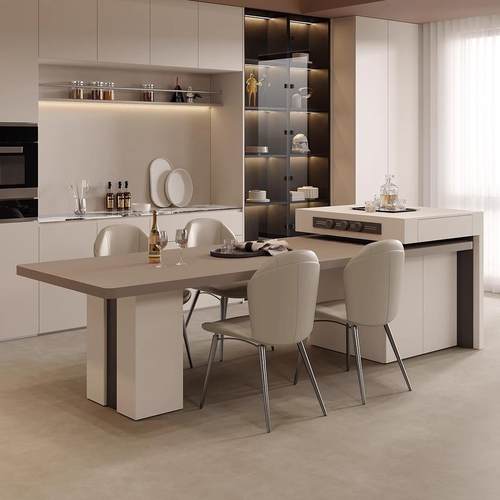 意式极简岛台餐桌一体可伸缩岩板家用大户型高端轻奢中岛台一体桌