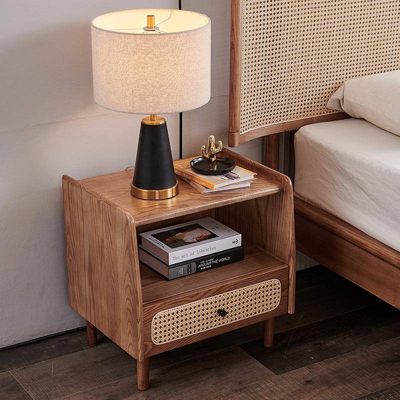 北欧实木白蜡木床边柜小户型简约藤编床头柜多功能窄卧室收纳柜