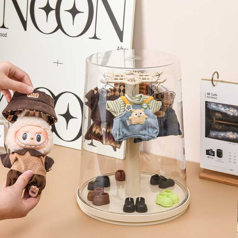 拉布布衣帽架盲盒娃娃公仔衣服鞋子帽子透明防尘收纳盒盲盒展示架
