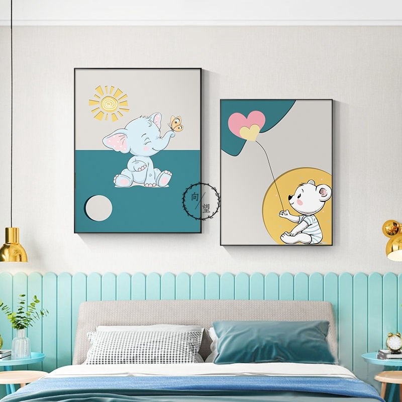 卡通北欧儿童壁画卧室可爱动物抽象背景墙挂画现代简约床头装饰画图片