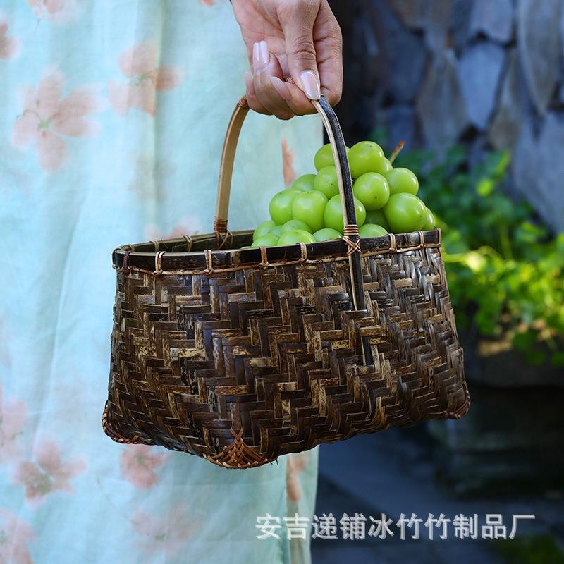 竹编篮子紫竹收纳筐手工编织古风迷你手提篮茶具收纳篮水果收纳篮