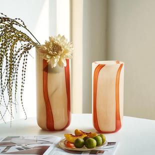 北欧简约渐变红竖纹直筒花瓶餐桌客厅软装 家居水培郁金香玻璃花瓶