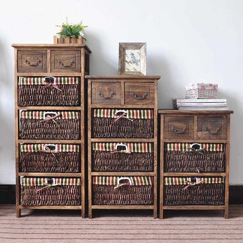 复古实木现代简约40CM床头柜美式田园藤编收纳储物柜斗柜新款