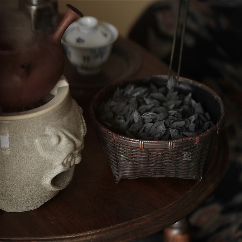 奇竹斋手工炭筐 茶室木炭收纳篮炭篓碳炉装炭桶复古工装