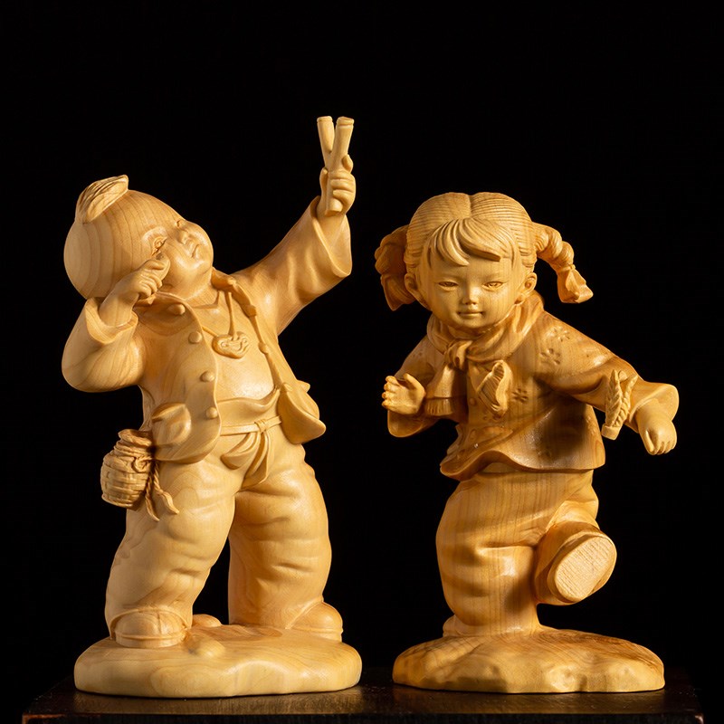 木雕中式客厅玄关创意实木装饰黄杨木中国风人物小摆件童趣