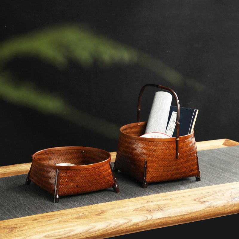 手工大漆提篮家用圆形桌面收纳筐水果竹篮外出手提竹筐子,特色手工艺,竹编/竹雕,淘宝优惠券,粉丝福利购,淘宝优惠卷