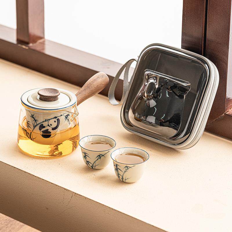 手绘熊猫戏竹旅行茶具便携式户外陶瓷茶壶茶杯套装高档玻璃侧把壶