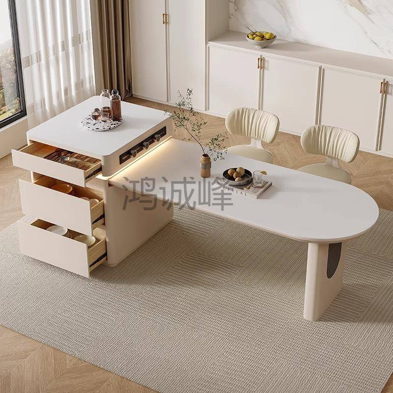 Hc法式奶油风岛台餐桌一体可伸缩岩板家用现代简约中岛台吧台厨房