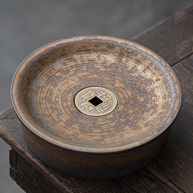 中式铜钱壶承蓄水陶瓷茶托小茶盘粗陶壶托储水式干泡台圆形