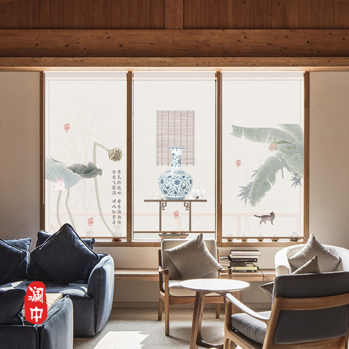 新中式茶室电动遮手卷帘窗帘升降光拉客厅玄关隔断挂风帘装饰屏帘