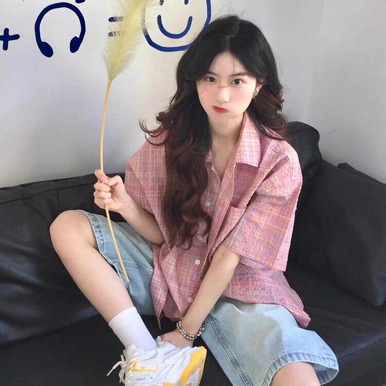 彩色格纹短袖衬衫女夏季