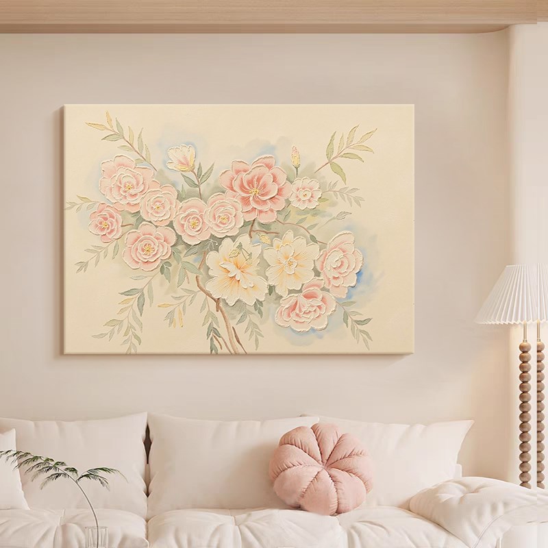 奶油风粉色玫瑰花卉肌理纯手绘油画客厅装饰画餐厅电表箱玄关挂画图片