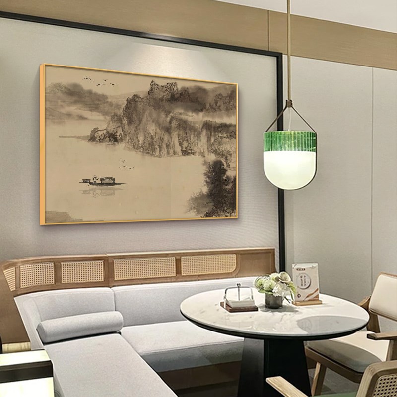 饭店装饰画新中式餐厅挂画山水画酒店包厢包房墙面装饰背景墙壁画图片