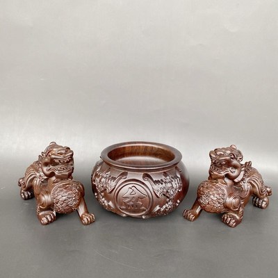 黑檀木质聚宝盆貔貅组合招财聚财摆件实木头旺宅家居风水工艺礼品