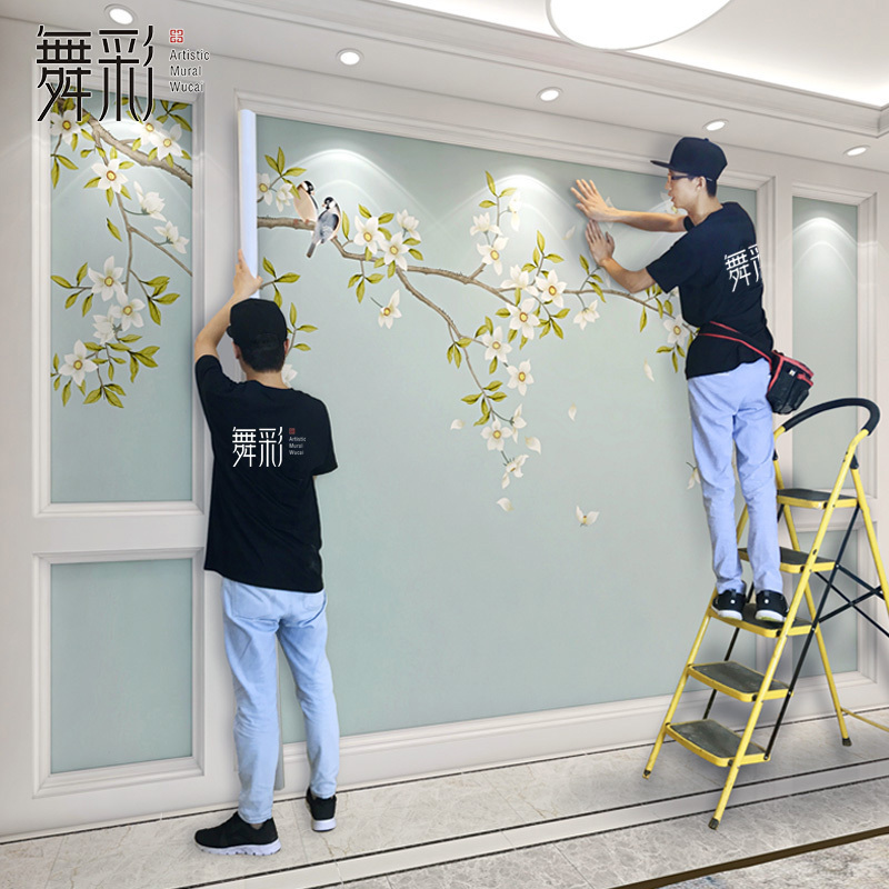 壁布现代简约艺术手绘花s鸟墙纸新中式客厅电视背景墙壁纸卧室墙