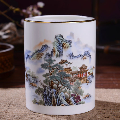 陶瓷笔筒山水画文具圆形圆珠笔多功能办公笔筒陶瓷笔筒