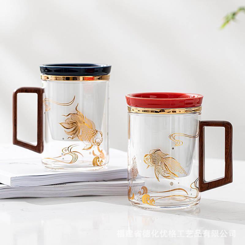 高档玻璃马克杯带盖过滤茶水分离泡茶杯子家用办公室个人专用