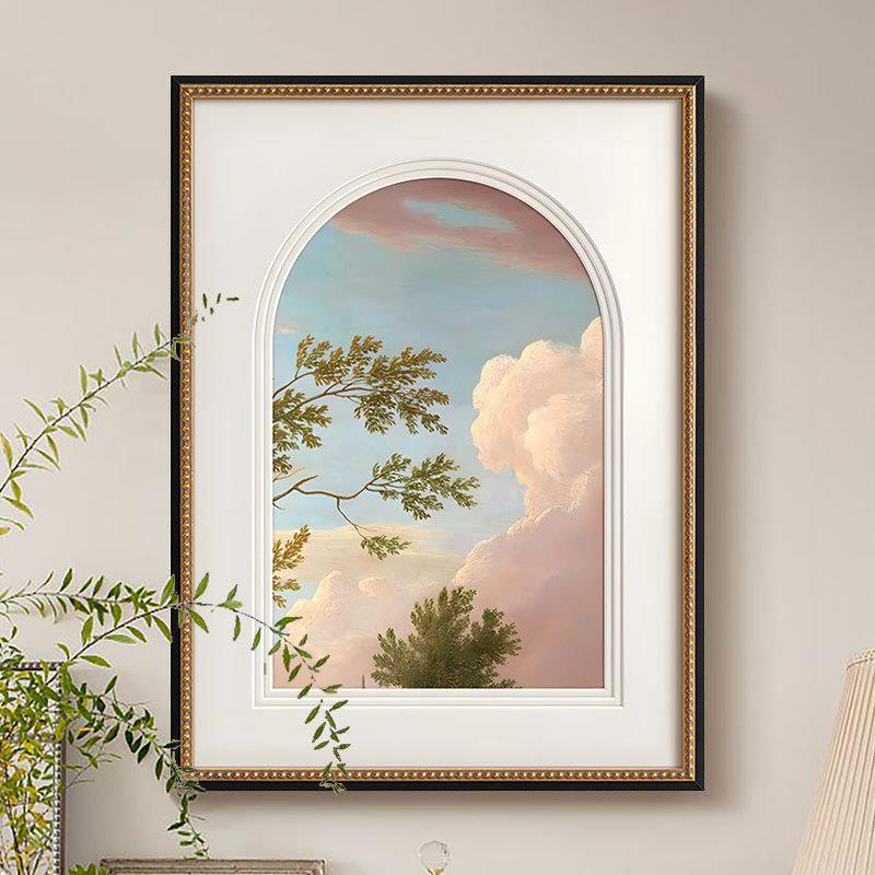 唯美风景高级感法式复古客厅装饰画拱形卡纸画玄关餐厅轻奢挂画