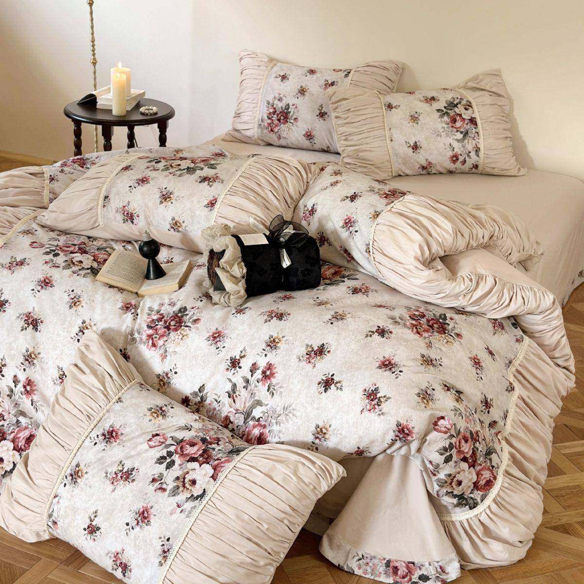 法式复古打褶蕾丝数码印花磨毛纯棉民宿被套床单套件四件套,3C数码配件,USB灯,淘宝优惠券,粉丝福利购,淘宝优惠卷