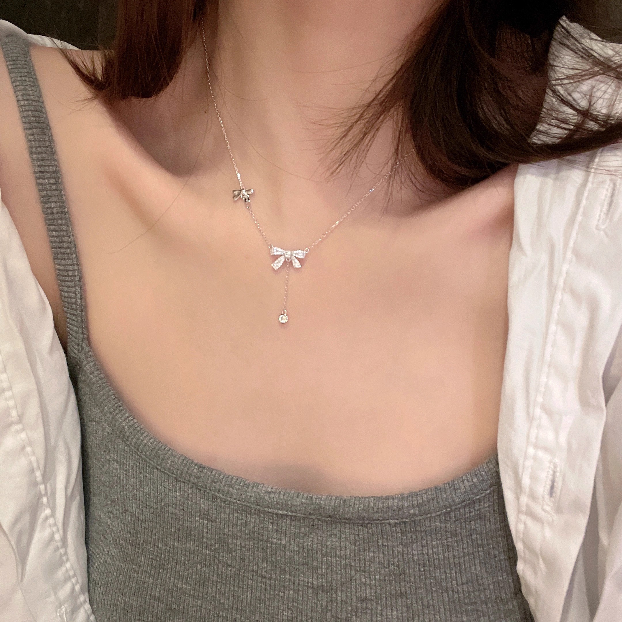 S925纯银小众蝴蝶结项链女2024新款轻奢设计流苏锁骨链送礼物