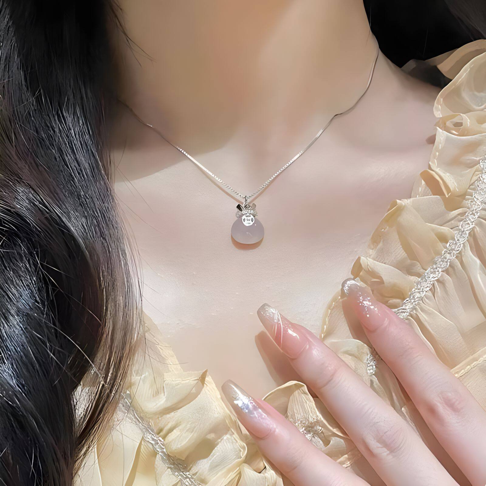 玉髓福袋S925纯银项链女吊坠锁骨链时尚百搭银项链节日礼物