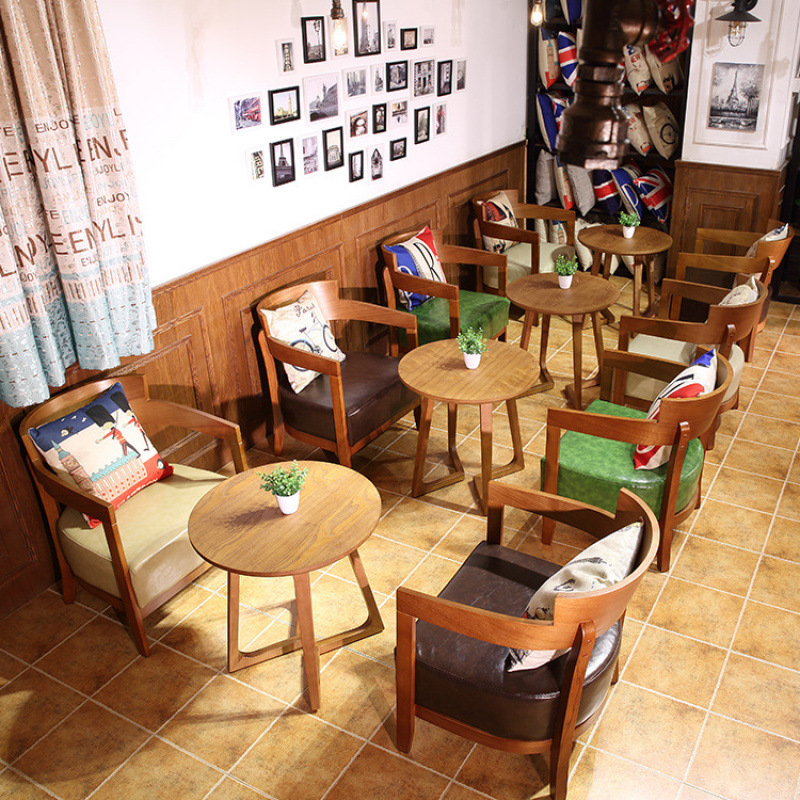 休闲咖啡厅桌椅组合奶茶店甜品店书吧洽谈接待区会客实木茶几椅子