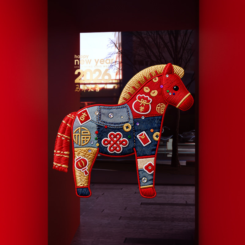 新年装饰布置窗贴春节创意小马装扮静电贴2026过年橱窗玻璃门贴纸,家居饰品,软装墙贴,淘宝优惠券,粉丝福利购,淘宝优惠卷