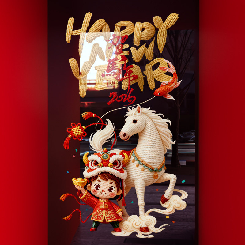 新年装饰创意窗花马年卡通可爱小马装扮窗贴2026春节橱窗玻璃贴纸,家居饰品,软装墙贴,淘宝优惠券,粉丝福利购,淘宝优惠卷