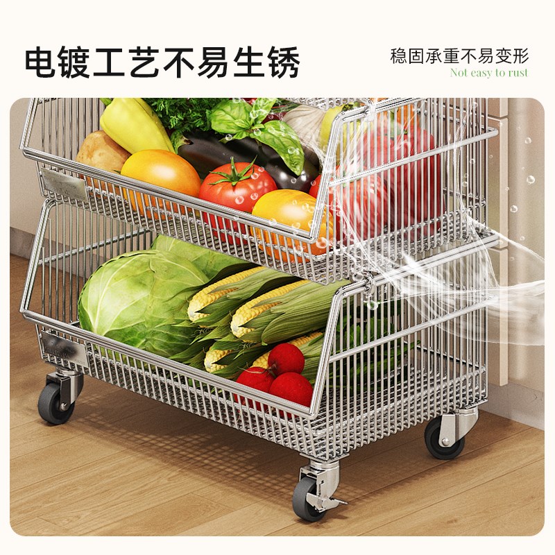 304不锈钢菜篮子厨房置物架落地多层零食小推车移动蔬果收纳柜子