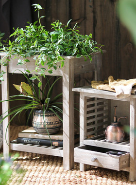 复古木质多功能花架花台装饰组合多层收纳架花园阳台杂货置物摆件