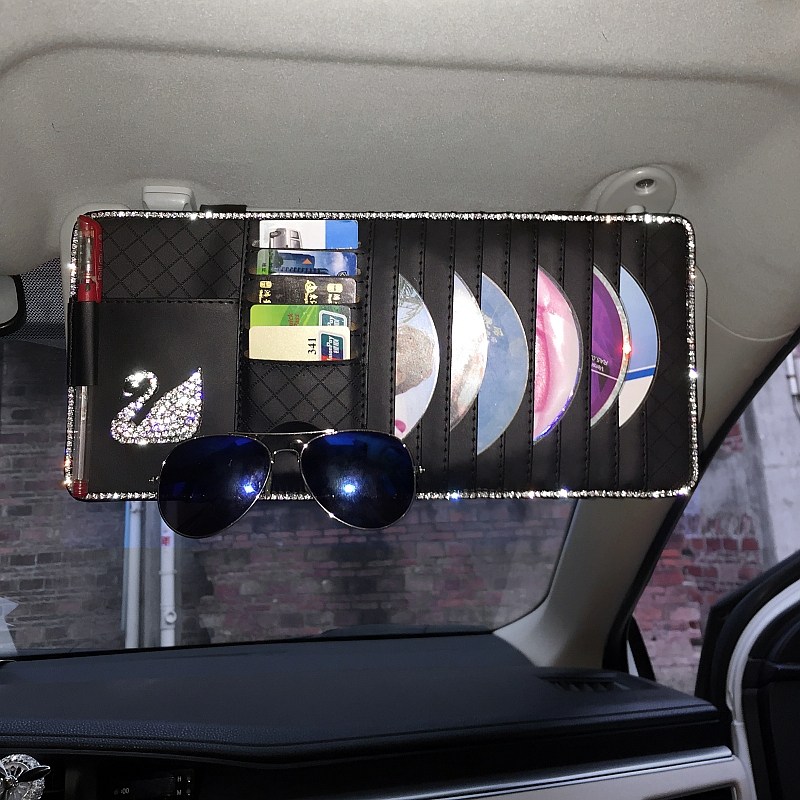 汽车遮阳板套多功能包水钻架鹅车载眼片天卡镜夹CD碟片收纳挂式女
