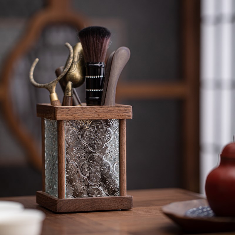 胡桃木玻璃茶道六君子套装茶桌面摆件笔筒功夫茶具大全