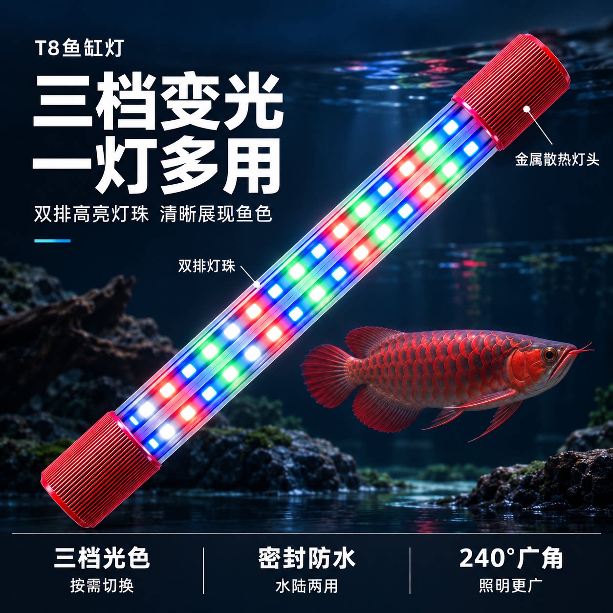 鱼缸LED防水灯超高亮 潜水专用照明龙鱼鹦鹉观赏造景增艳长条灯管