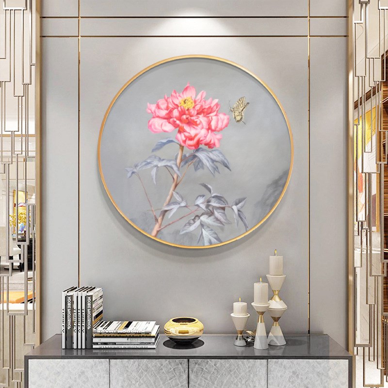 新中式圆形装饰画牡丹花卉油画轻奢入户走廊静物壁画玄关挂画图片