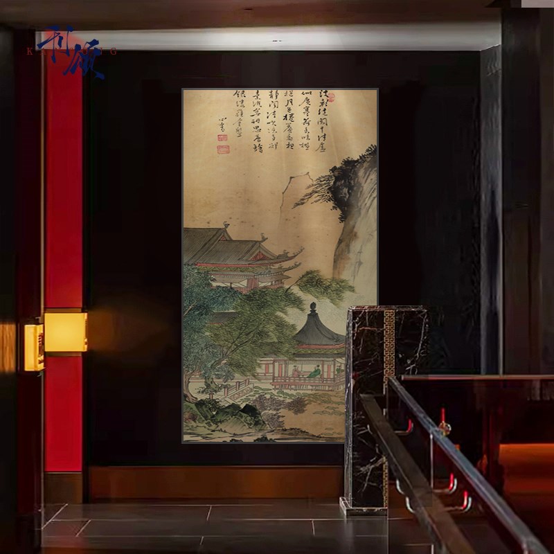 古树茶亭新中式复古沙发酒店客厅餐厅入户玄关竖版壁饰双联装饰画图片