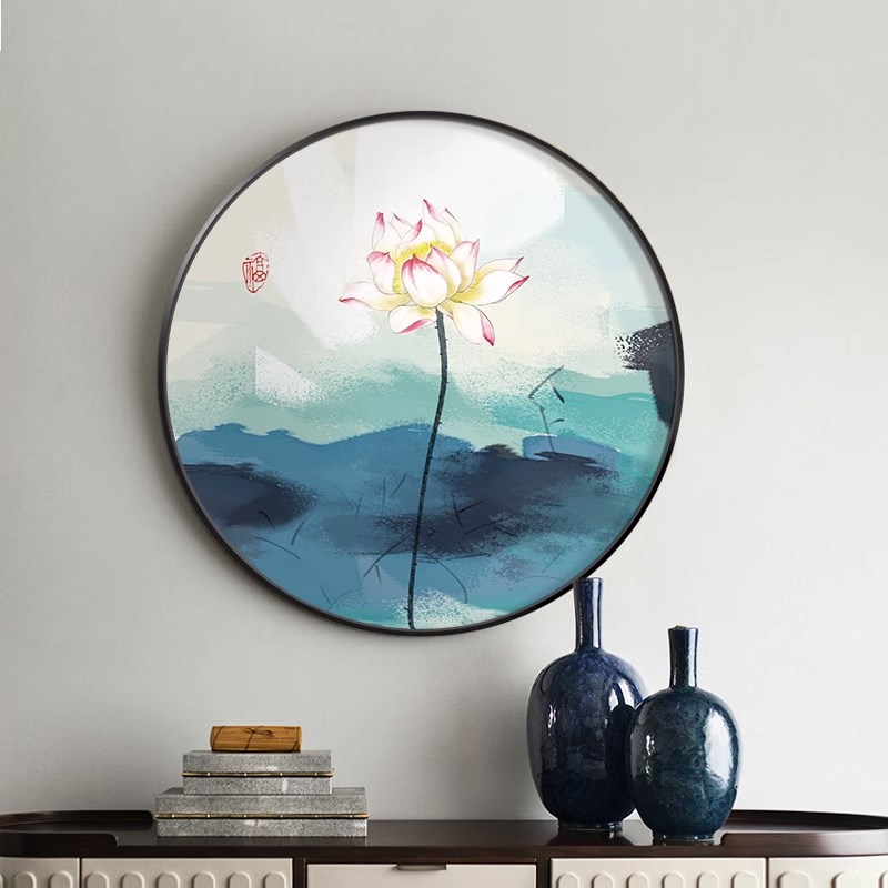 新中式装饰画圆形玄关壁画餐厅饭店挂画茶室背景墙禅意水墨花鸟画图片