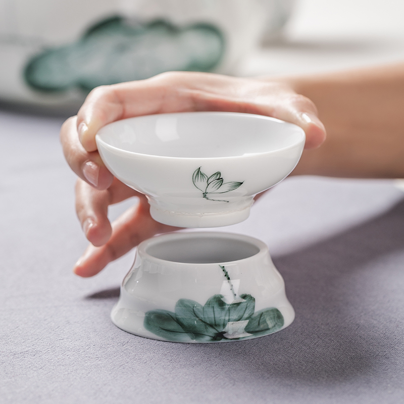 白瓷手绘茶滤陶瓷茶漏功夫茶具配件茶艺中式小清新荷花款