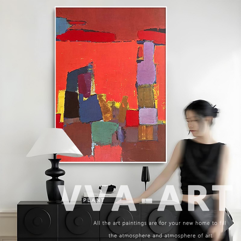 红色现代简约手绘油画客厅丙烯肌理挂画玄关波普风抽象色块装饰画图片