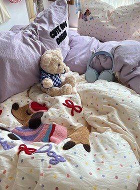 紫色少女心ns彩色波点狗毛巾绣水洗棉床单