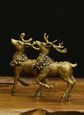 袖珍铜鹿小摆件实心黄铜小鹿手把件铜对鹿古玩铜器仿古铜微雕老铜