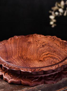 实木莲花底座奇石瓶花头茶壶托盘圆形托摆木质架饰