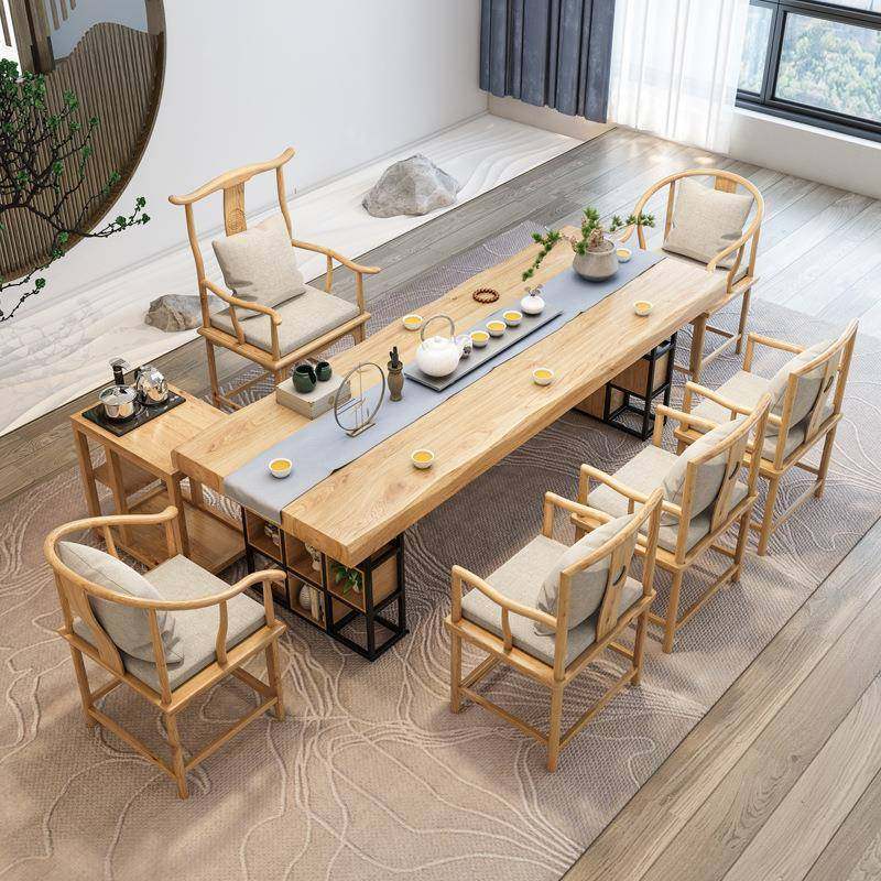 新中式实木茶桌椅组合长方形带储物柜泡茶桌客厅阳台休闲喝茶桌