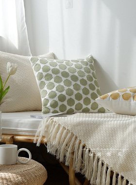 绣花球球抱枕毛线针织靠ns黄色绿色波点靠垫民宿客栈软装靠枕