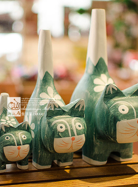 木质小猫咪一家摆件手绘可爱动物家居客厅装饰品摆设森系